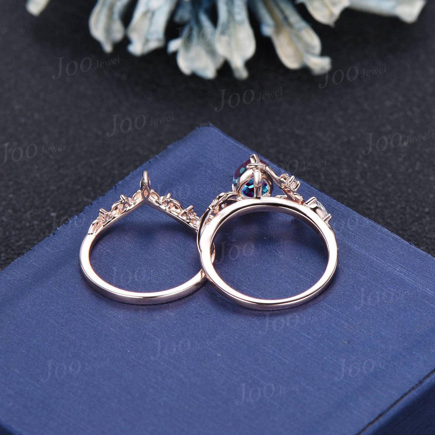 1.25ct Pear Cut Color-Change Alexandrite Moonstone Bridal Set Twig Vine Teardrop Alexandrite Ring Set Unique June Birthstone Gifts