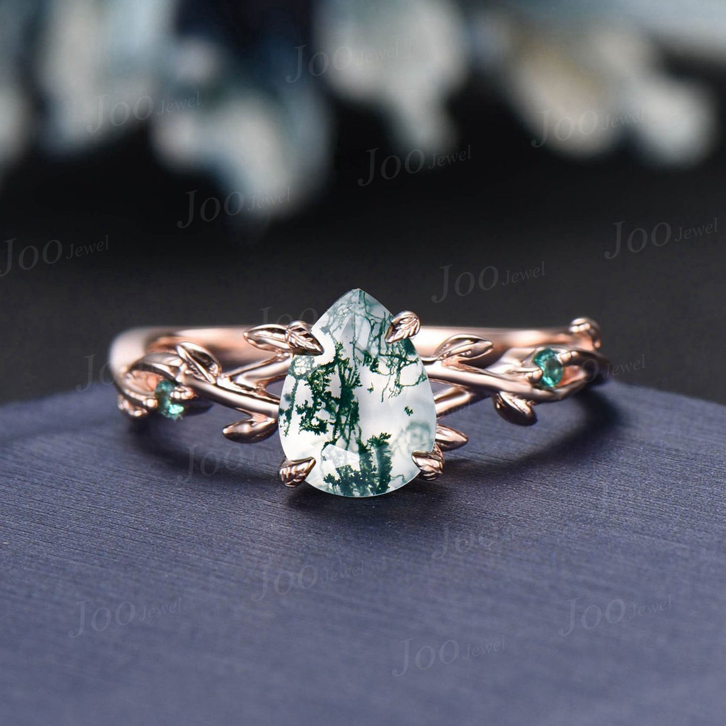 Twig Vine Green Moss Agate Emerald Ring Set 14K Rose Gold Pear Bridal Ring Set Branch Nature Inspired Natural Agate Stone Promise Ring Set