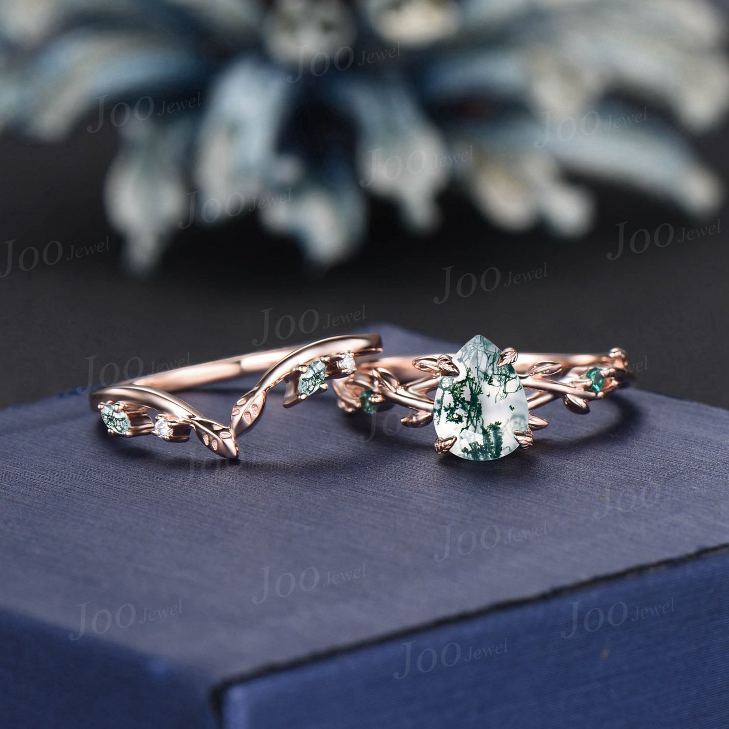 Twig Vine Green Moss Agate Emerald Ring Set 14K Rose Gold Pear Bridal Ring Set Branch Nature Inspired Natural Agate Stone Promise Ring Set