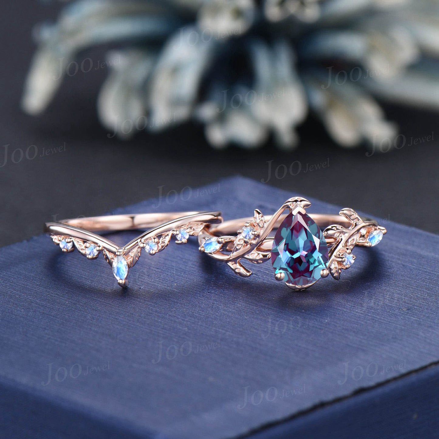1.25ct Pear Cut Color-Change Alexandrite Moonstone Bridal Set Twig Vine Teardrop Alexandrite Ring Set Unique June Birthstone Gifts