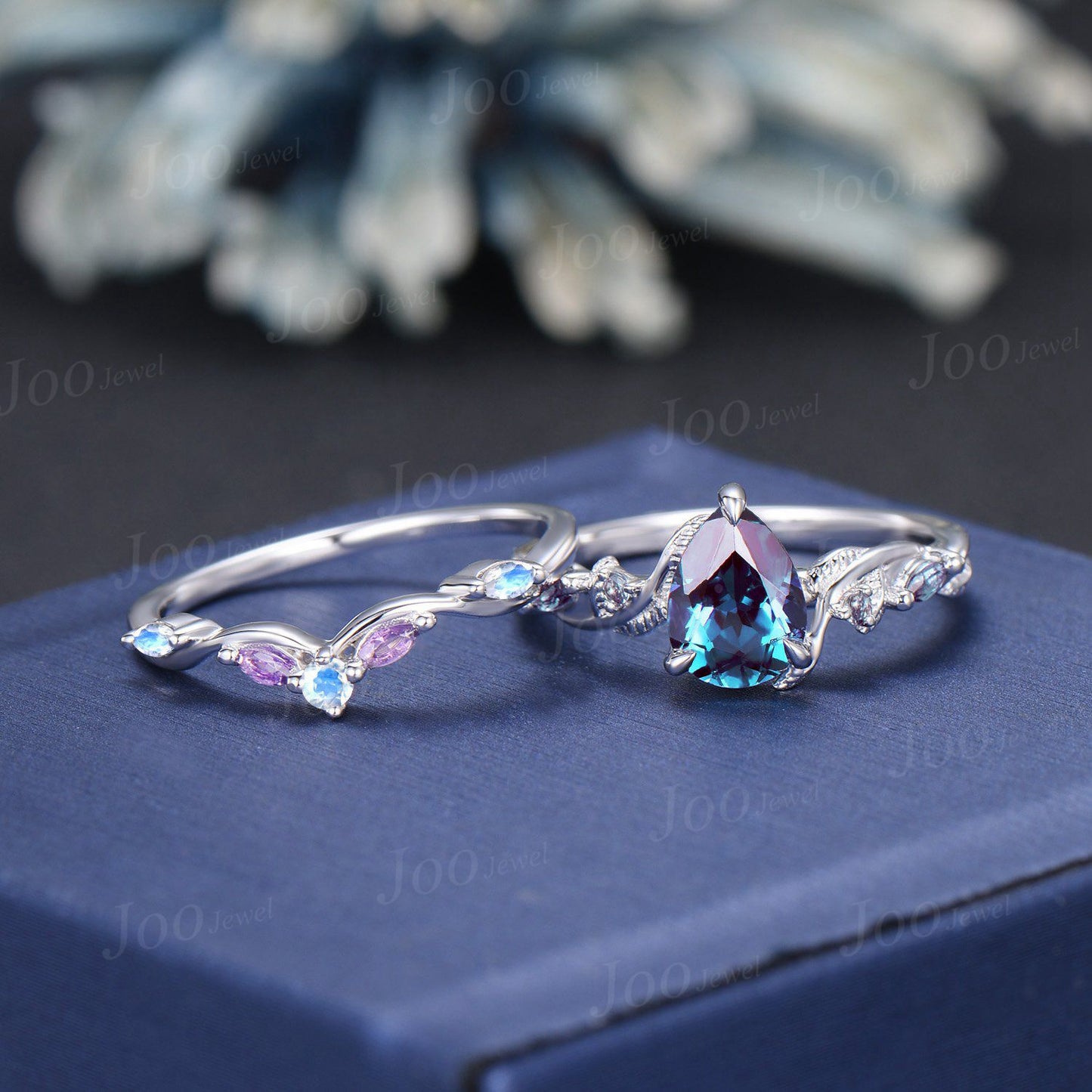 1.25ct Pear Color-Change Alexandrite Bridal Set Silver Engagement Ring Leaf Moonstone Amethyst Wedding Ring June Birthstone Gifts for Women