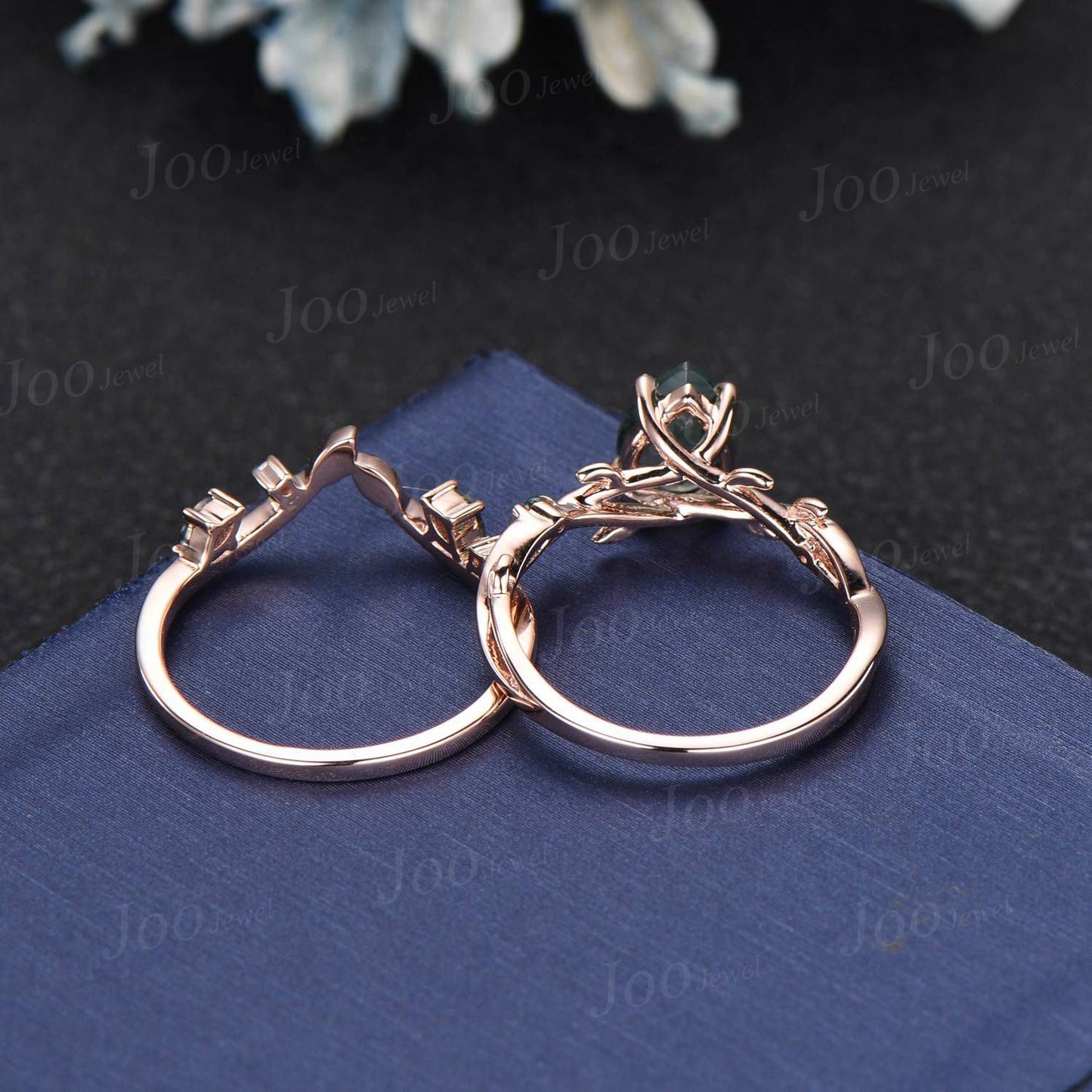 Twig Vine Green Moss Agate Emerald Ring Set 14K Rose Gold Pear Bridal Ring Set Branch Nature Inspired Natural Agate Stone Promise Ring Set