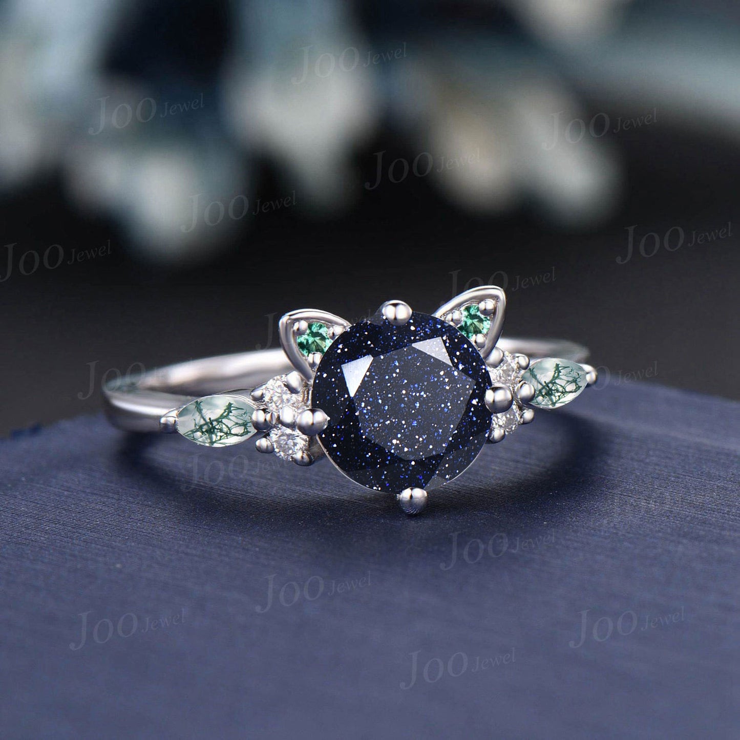 Cat Engagement Ring 1.2ct Galaxy Blue Goldstone Emerald Agate Ring Sterling Silver Round Cut Promise Wedding Ring Gifts for Kitten Cat Lover
