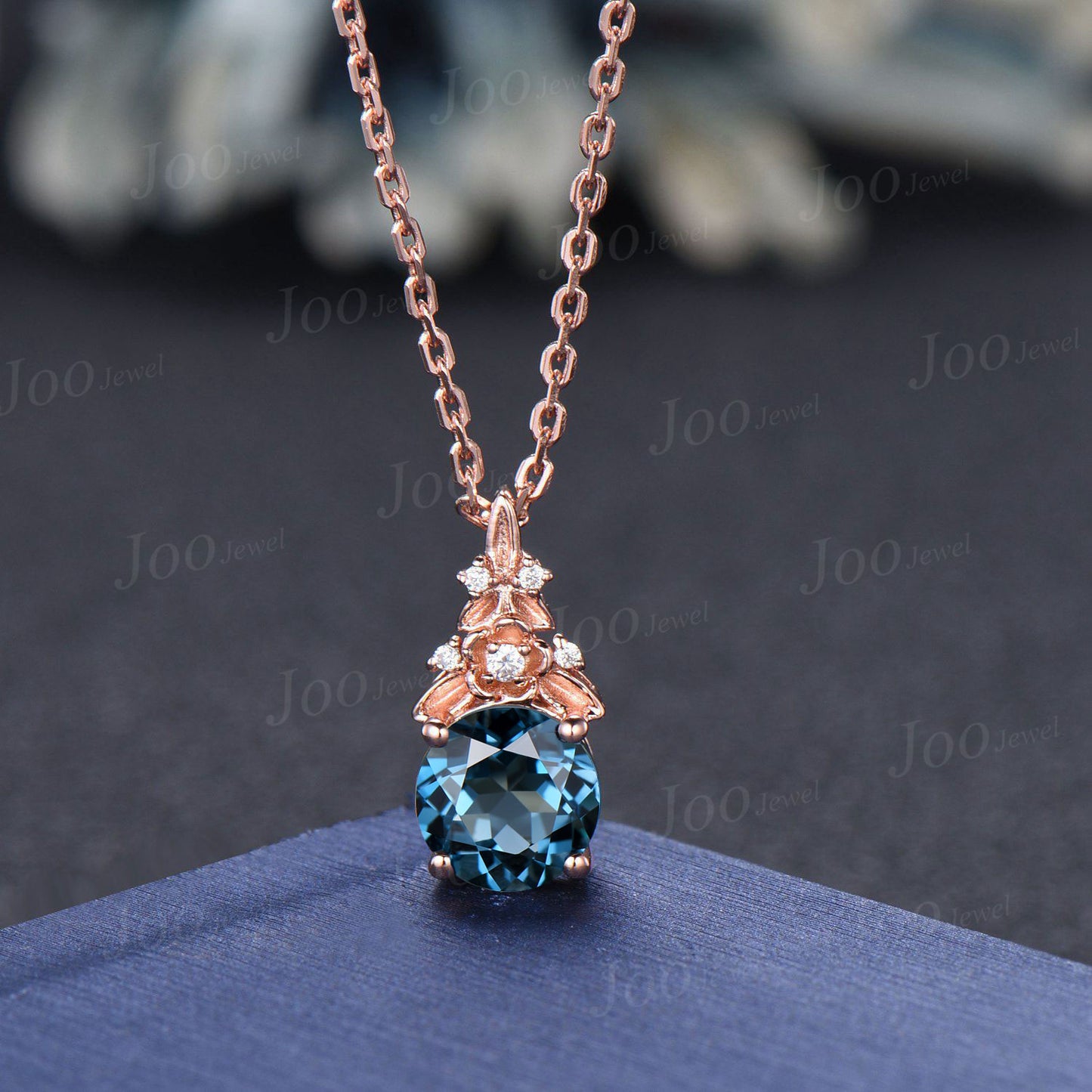 Oval Cut Natural London Blue Topaz Necklace Solid 14K Rose Gold Branch Floral Gemstone Pendant for Women Dainty December Birthstone Gifts
