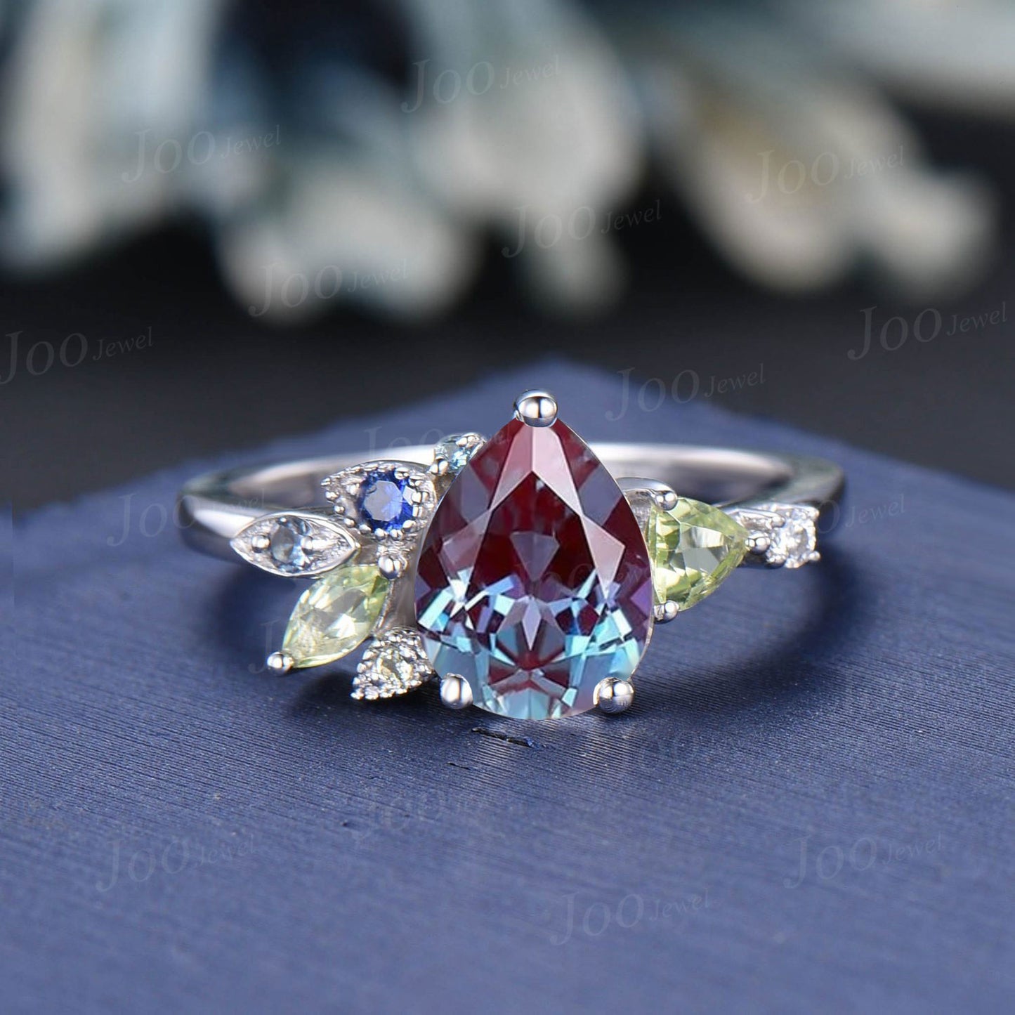 1.25ct Pear Alexandrite Cluster Engagement Rings Personalized Multi-stone Topaz Peridot Blue Sapphire Alexandrite Best Friend/Family Ring