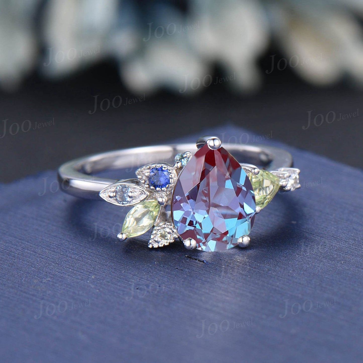 1.25ct Pear Alexandrite Cluster Engagement Rings Personalized Multi-stone Topaz Peridot Blue Sapphire Alexandrite Best Friend/Family Ring