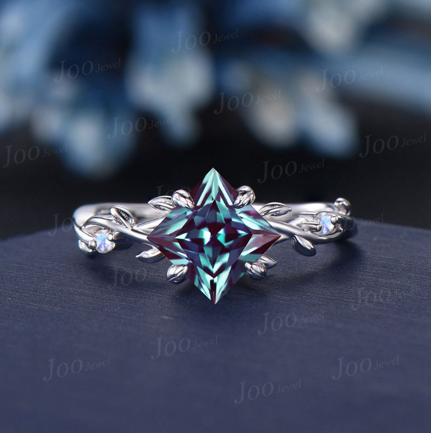 Twig Vine Color-Change Alexandrite Moonstone Bridal Set Sterling Silver Princess Alexandrite Ring Set Unique June Birthstone Wedding Gifts