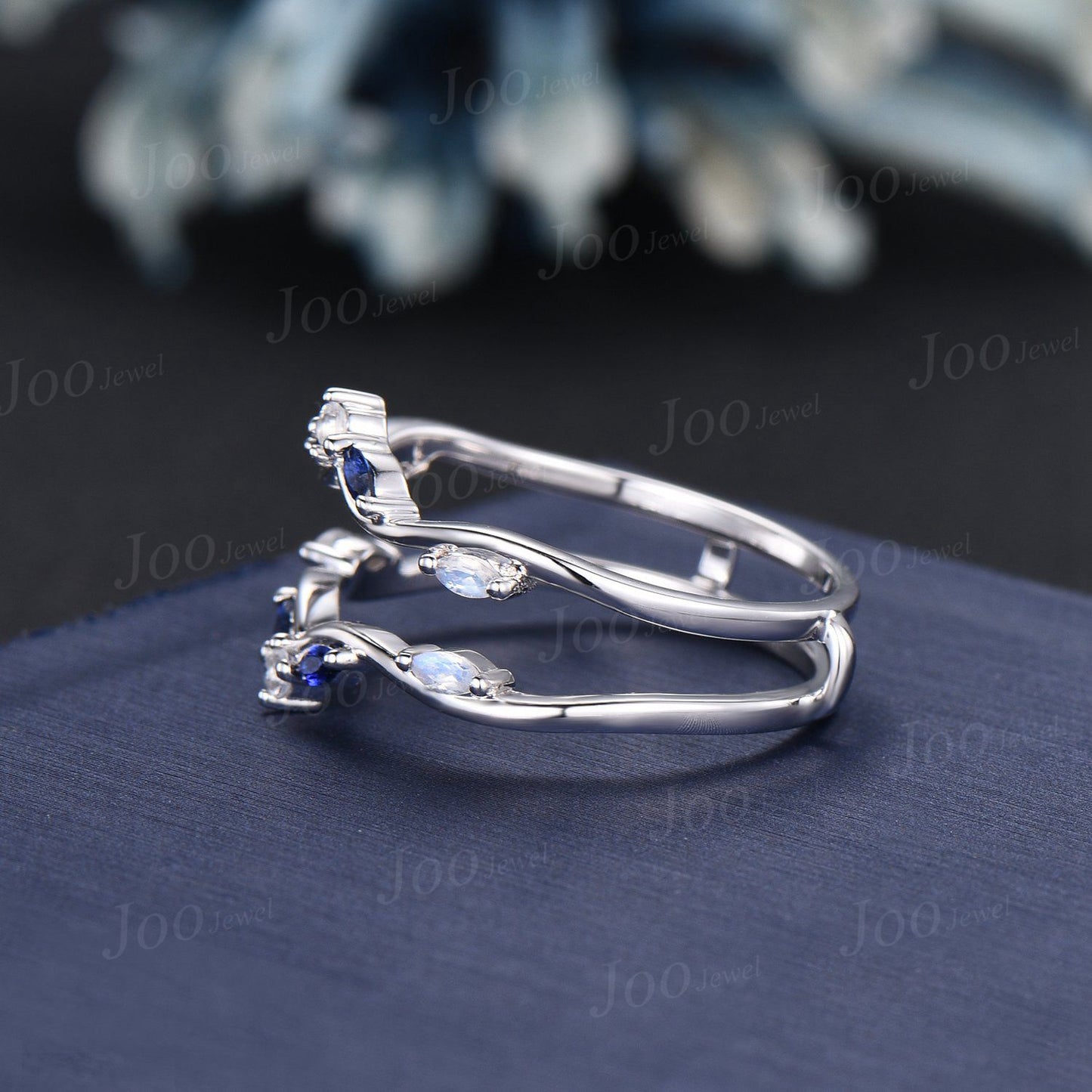 Double Curved Moonstone Blue Sapphire Contour Wedding Band 14K White Gold Enhancer Stacking Matching Nesting Band Jacket Anniversary Gifts