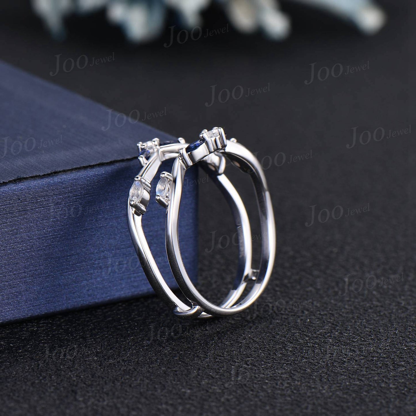 Double Curved Moonstone Blue Sapphire Contour Wedding Band 14K White Gold Enhancer Stacking Matching Nesting Band Jacket Anniversary Gifts