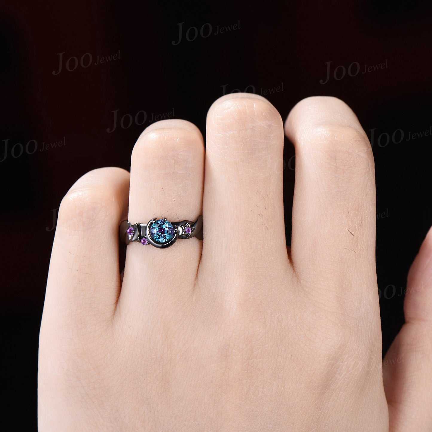 Black Gold Engagement Ring for Men 5mm Round Cut Color-Change Alexandrite Amethyst Ring Celestial Moon Star Ring Unique Mens Promise Rings