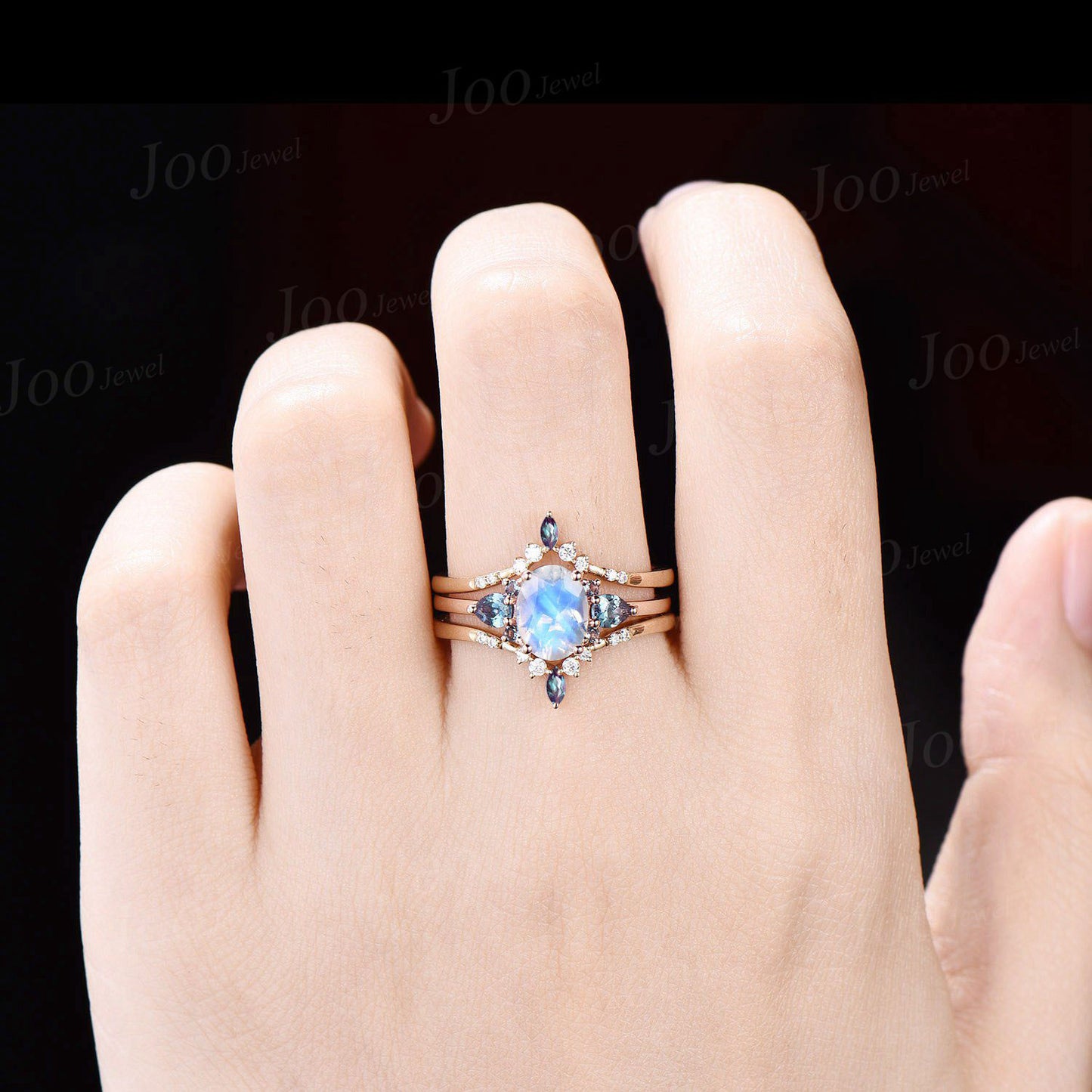 3pcs Oval Natural Rainbow Moonstone Bridal Ring Set Vintage Color-Change Alexandrite Wedding Ring June Birthstone Birthday/Anniversary Gifts
