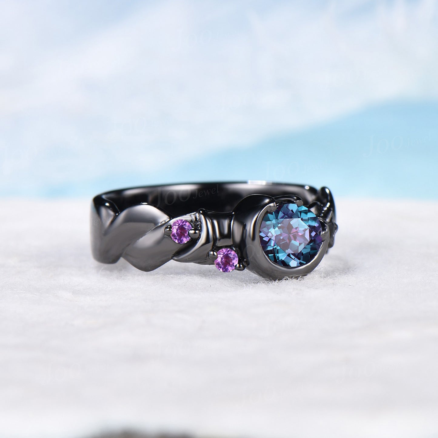 Black Gold Engagement Ring for Men 5mm Round Cut Color-Change Alexandrite Amethyst Ring Celestial Moon Star Ring Unique Mens Promise Rings