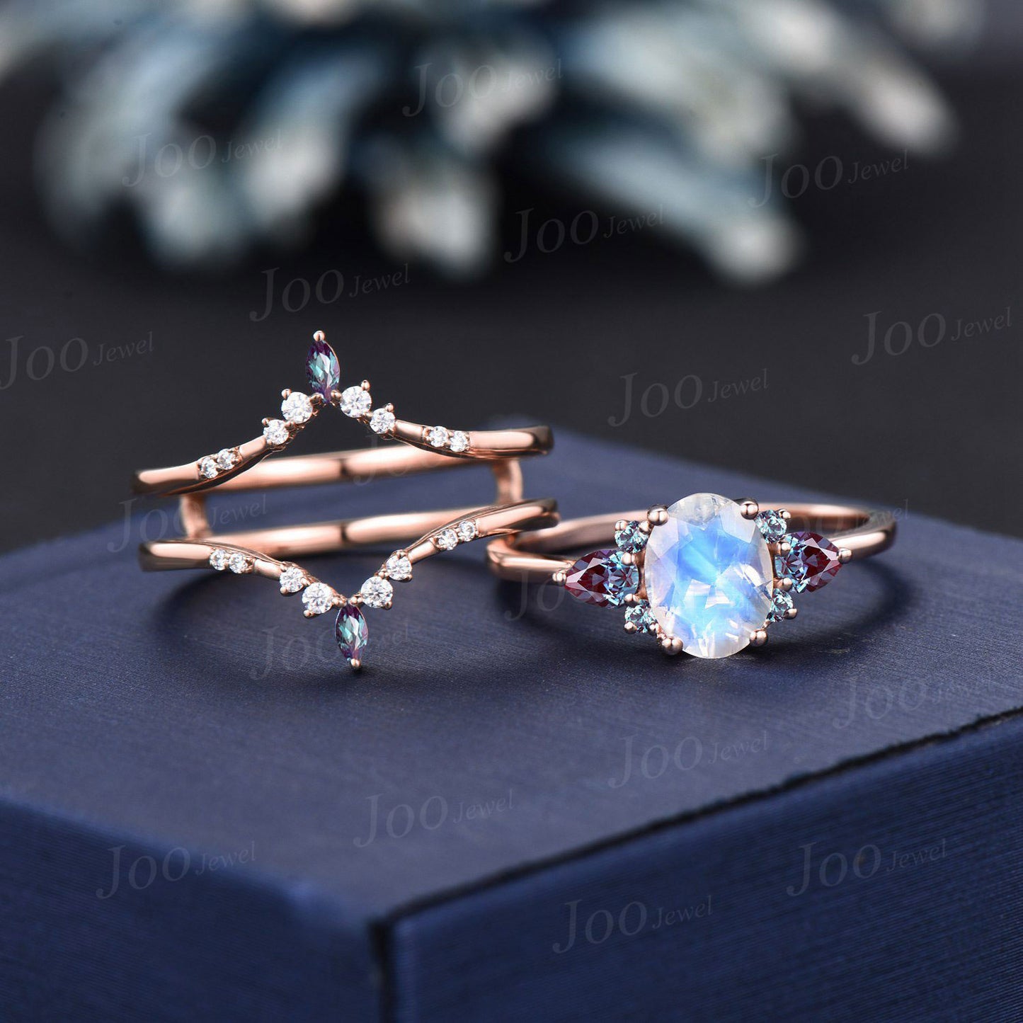 3pcs Oval Natural Rainbow Moonstone Bridal Ring Set Vintage Color-Change Alexandrite Wedding Ring June Birthstone Birthday/Anniversary Gifts