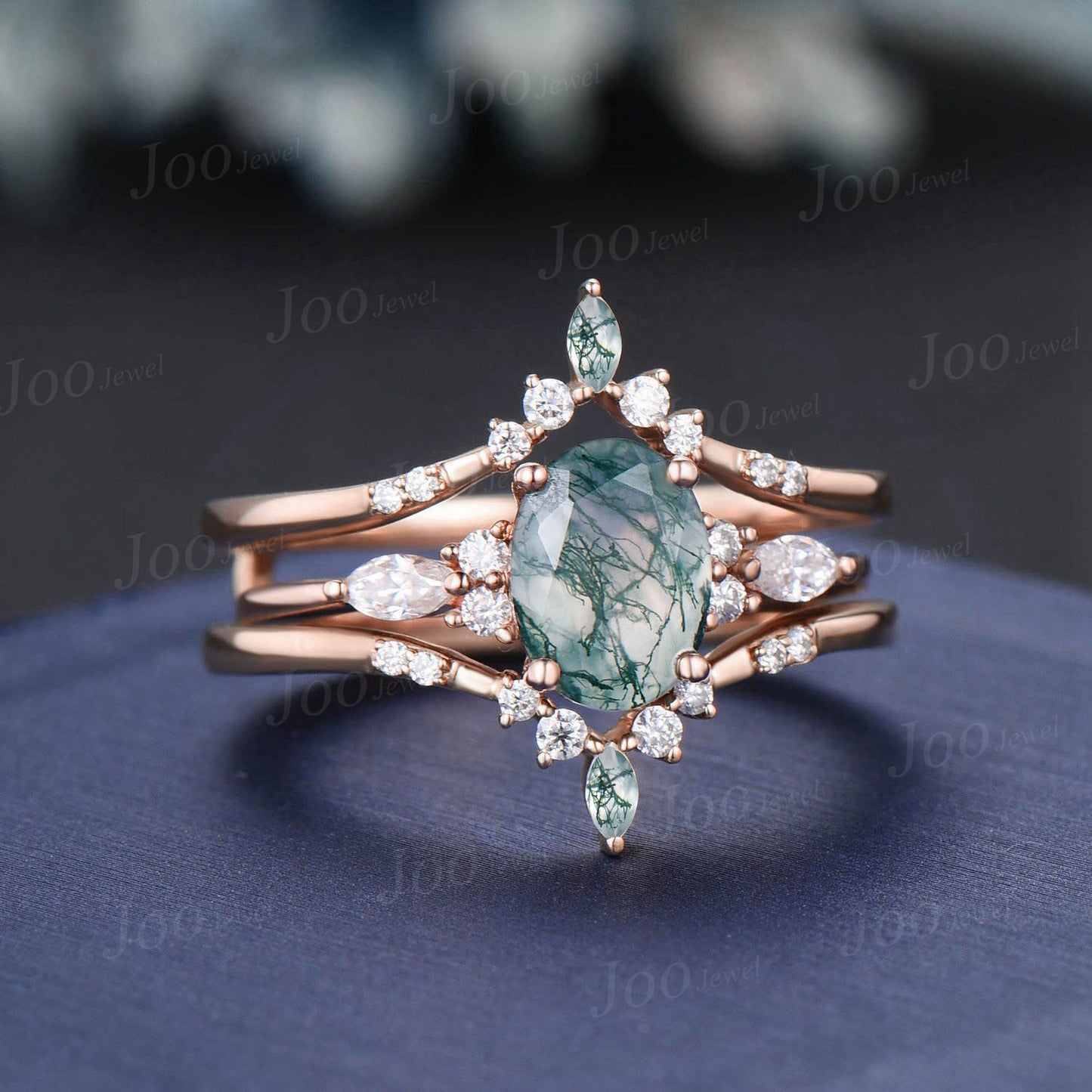 1.5ct Oval Cut Natural Green Moss Agate Engagement Rings 14K Rose Gold Double Curved Moissanite Moss Agate Enhancer Wedding Band for Women