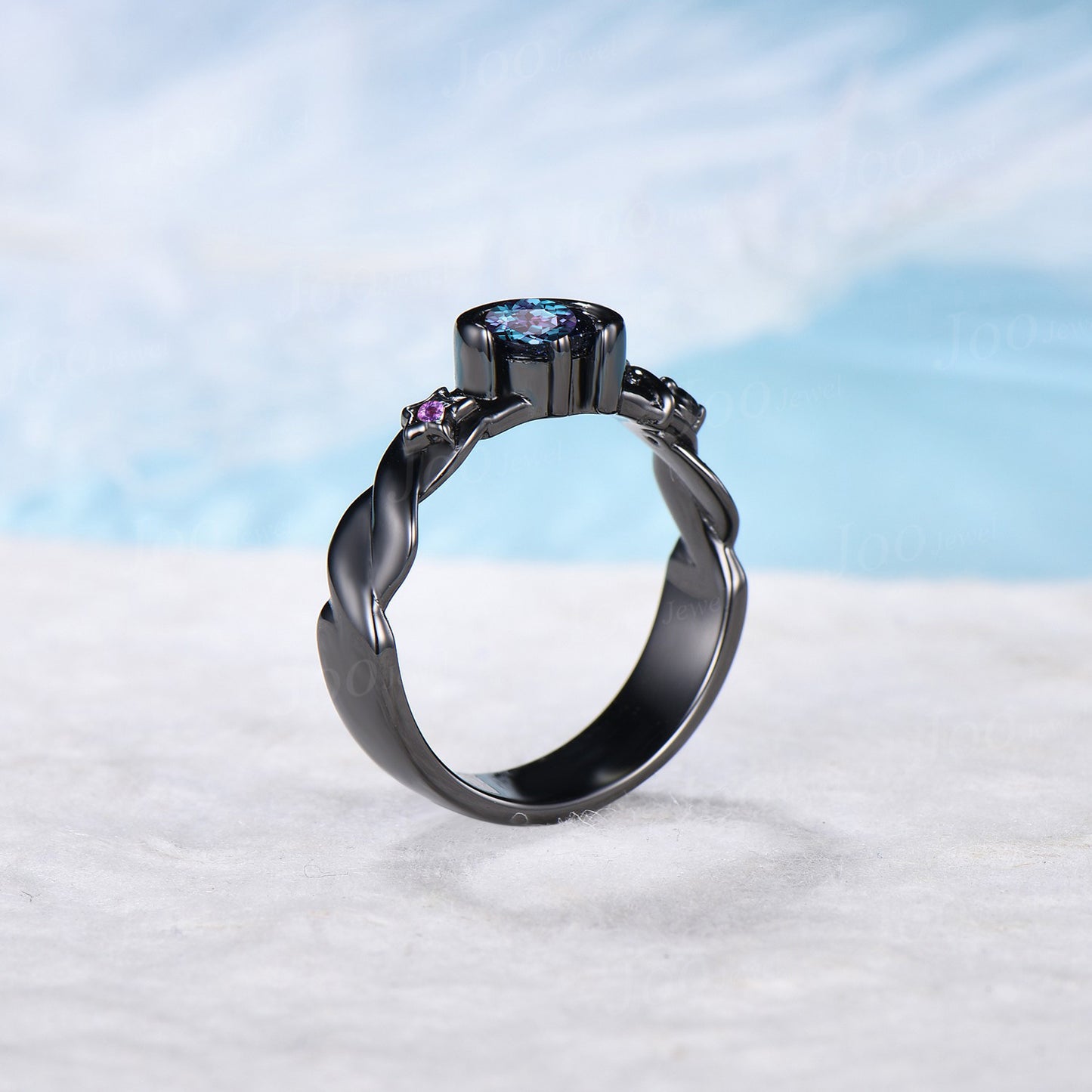Black Gold Engagement Ring for Men 5mm Round Cut Color-Change Alexandrite Amethyst Ring Celestial Moon Star Ring Unique Mens Promise Rings