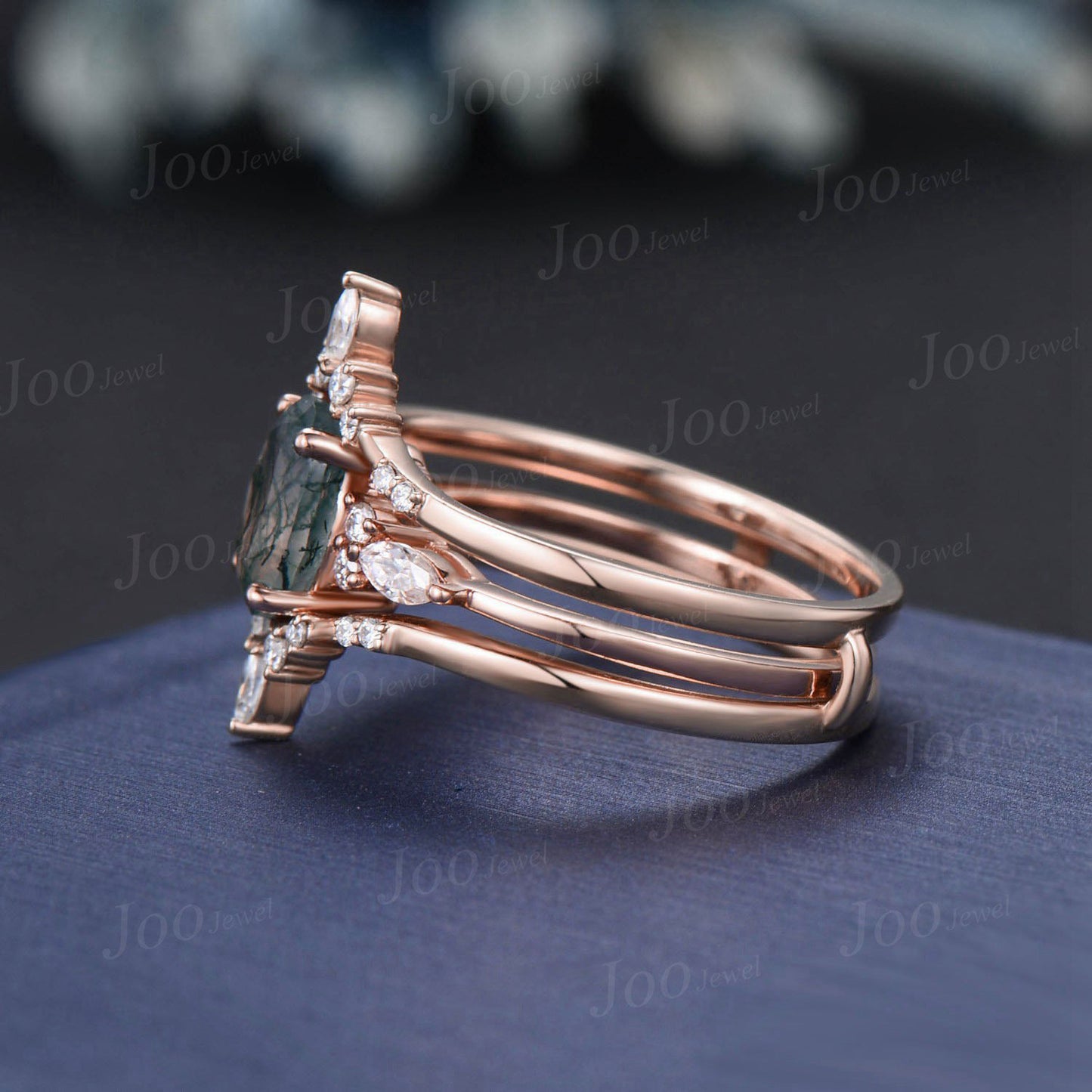 1.5ct Oval Cut Natural Green Moss Agate Engagement Rings 14K Rose Gold Double Curved Moissanite Moss Agate Enhancer Wedding Band for Women