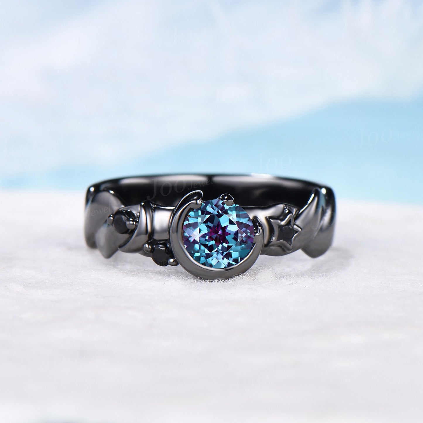 Black Gold Engagement Ring for Men 5mm Round Cut Color-Change Alexandrite Amethyst Ring Celestial Moon Star Ring Unique Mens Promise Rings