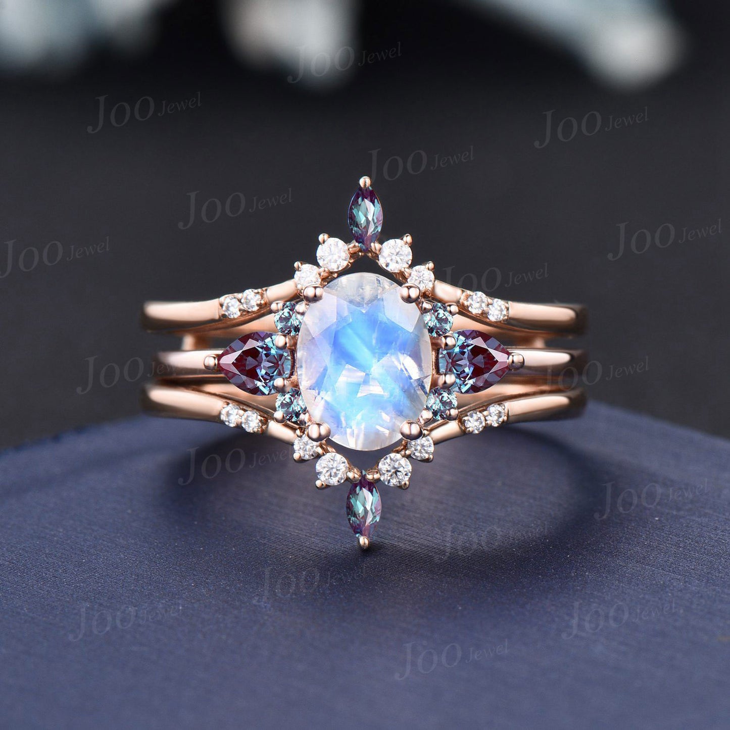 3pcs Oval Natural Rainbow Moonstone Bridal Ring Set Vintage Color-Change Alexandrite Wedding Ring June Birthstone Birthday/Anniversary Gifts