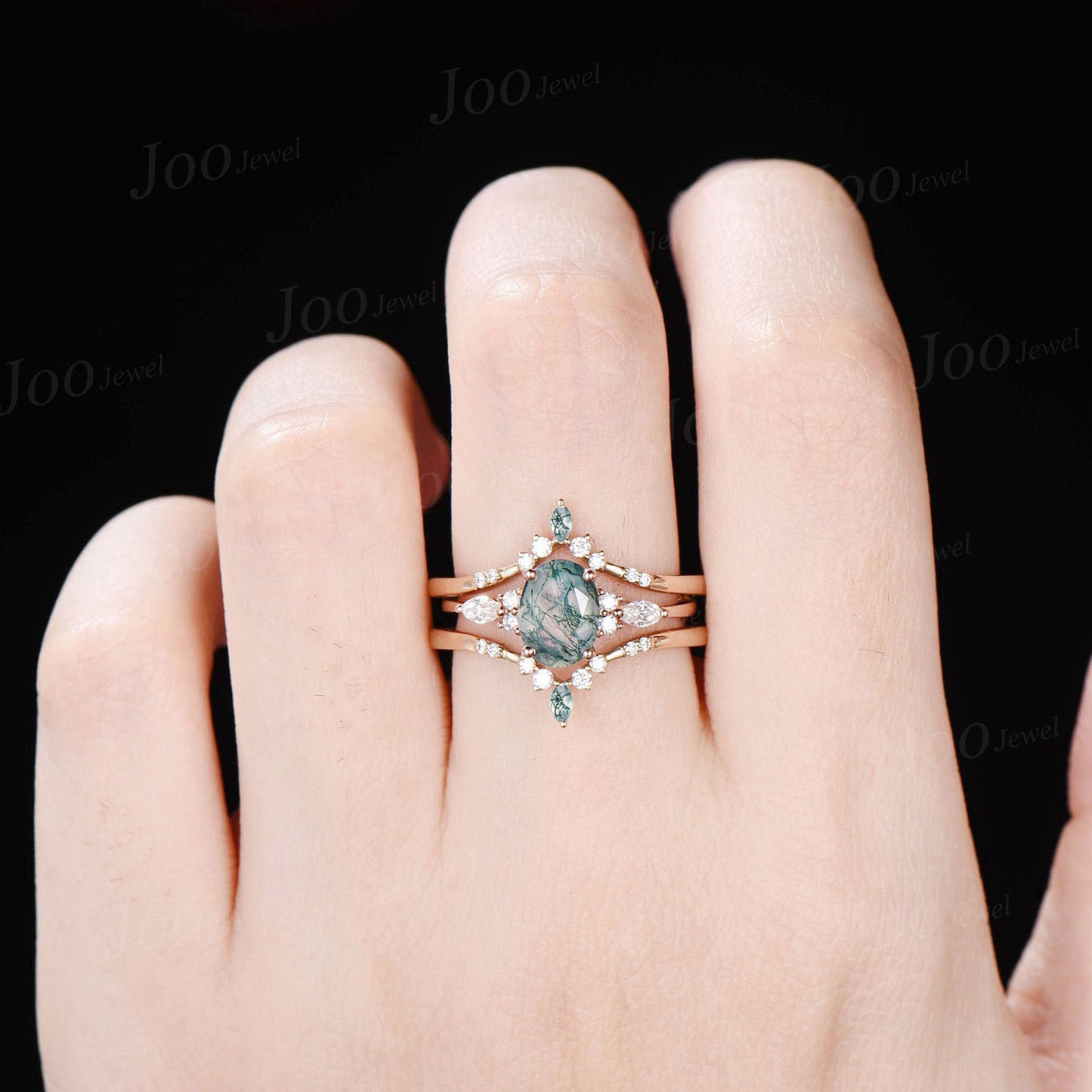 1.5ct Oval Cut Natural Green Moss Agate Engagement Rings 14K Rose Gold Double Curved Moissanite Moss Agate Enhancer Wedding Band for Women