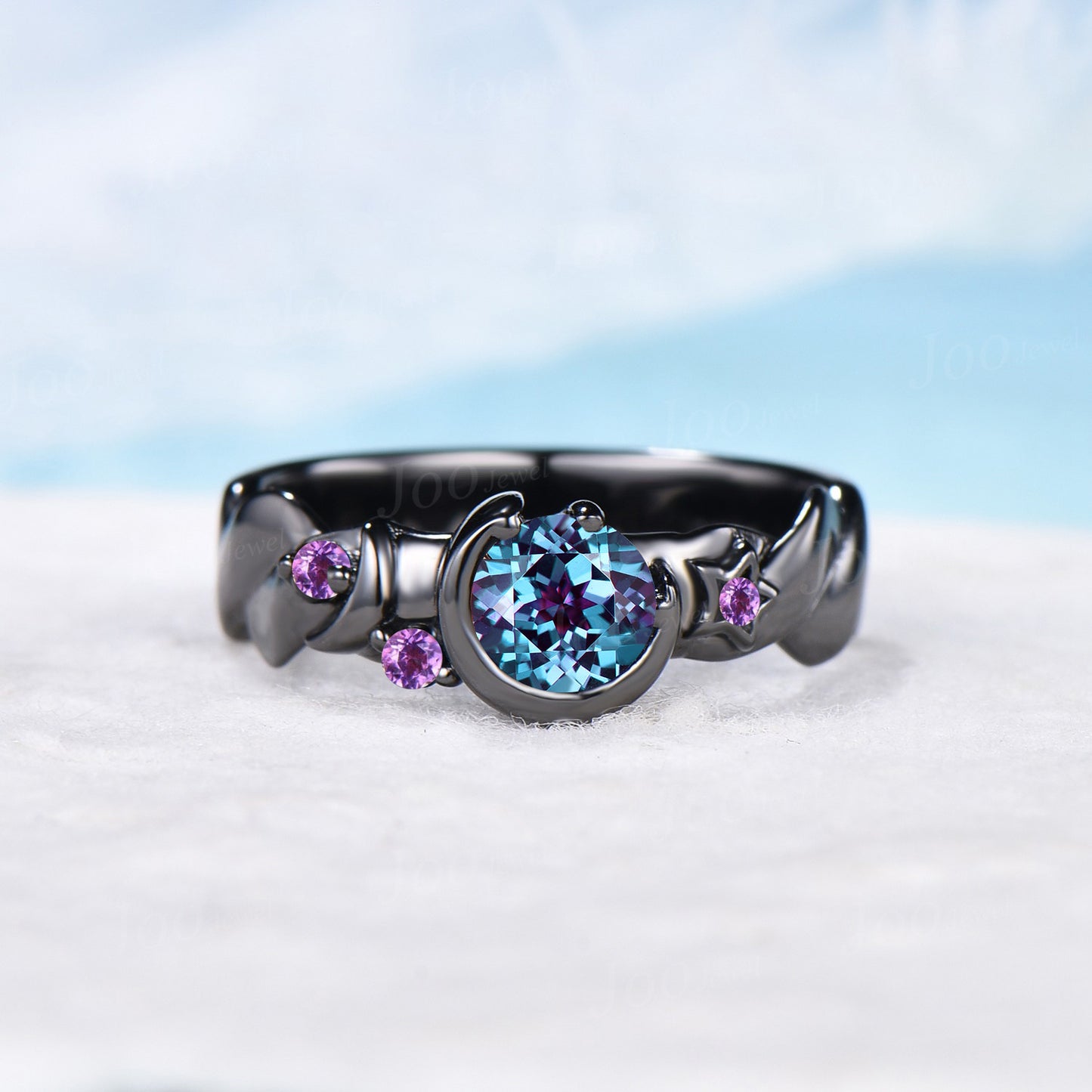 Black Gold Engagement Ring for Men 5mm Round Cut Color-Change Alexandrite Amethyst Ring Celestial Moon Star Ring Unique Mens Promise Rings