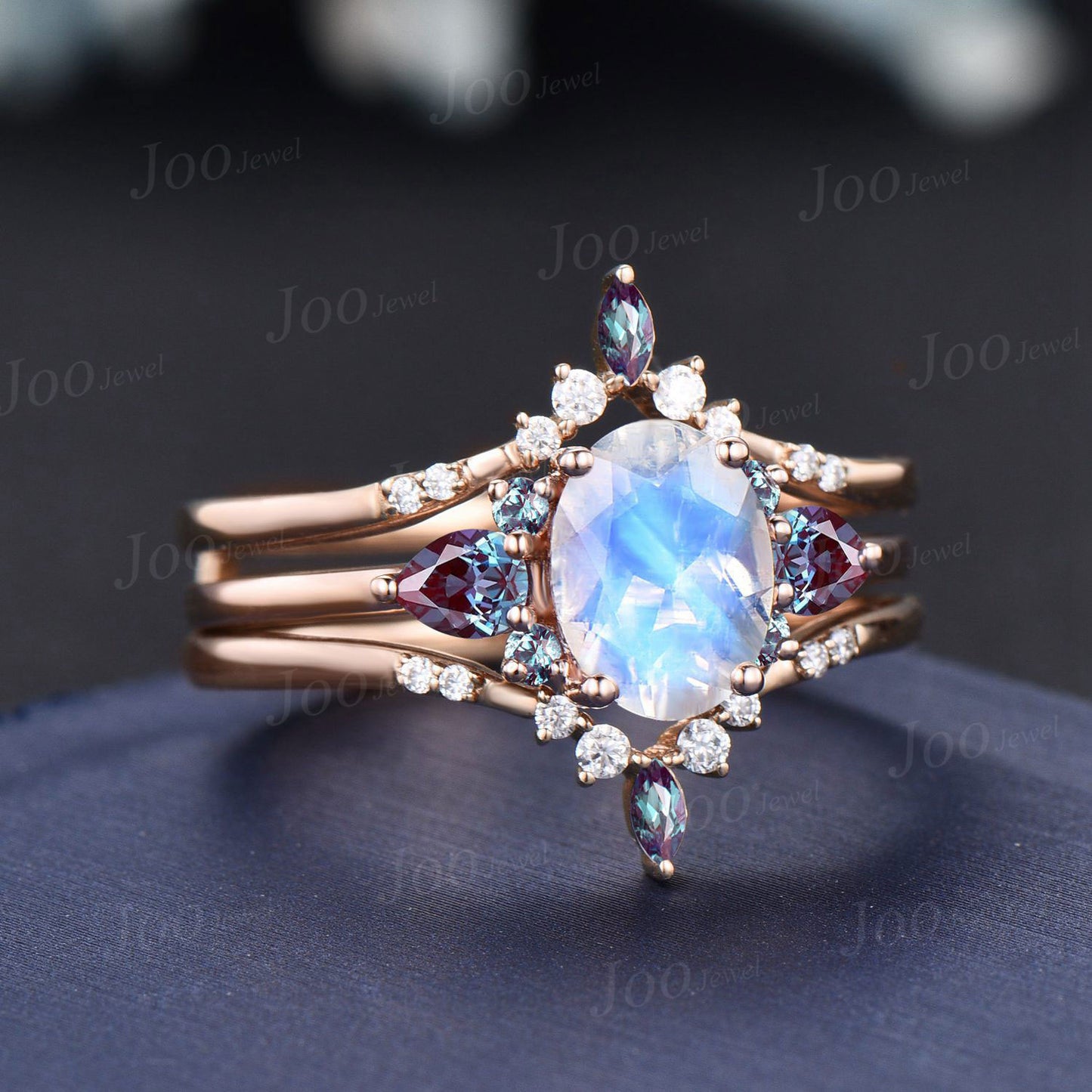 3pcs Oval Natural Rainbow Moonstone Bridal Ring Set Vintage Color-Change Alexandrite Wedding Ring June Birthstone Birthday/Anniversary Gifts