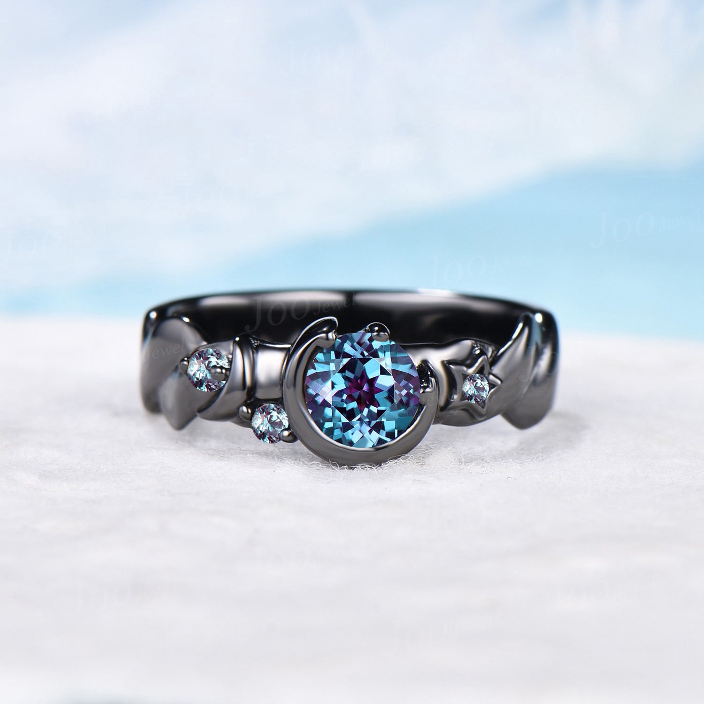 Black Gold Engagement Ring for Men 5mm Round Cut Color-Change Alexandrite Amethyst Ring Celestial Moon Star Ring Unique Mens Promise Rings