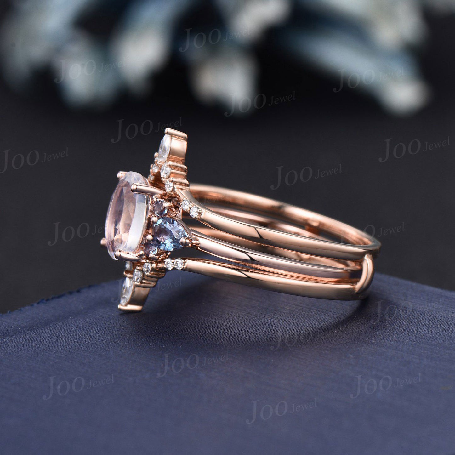 3pcs Oval Natural Rainbow Moonstone Bridal Ring Set Vintage Color-Change Alexandrite Wedding Ring June Birthstone Birthday/Anniversary Gifts