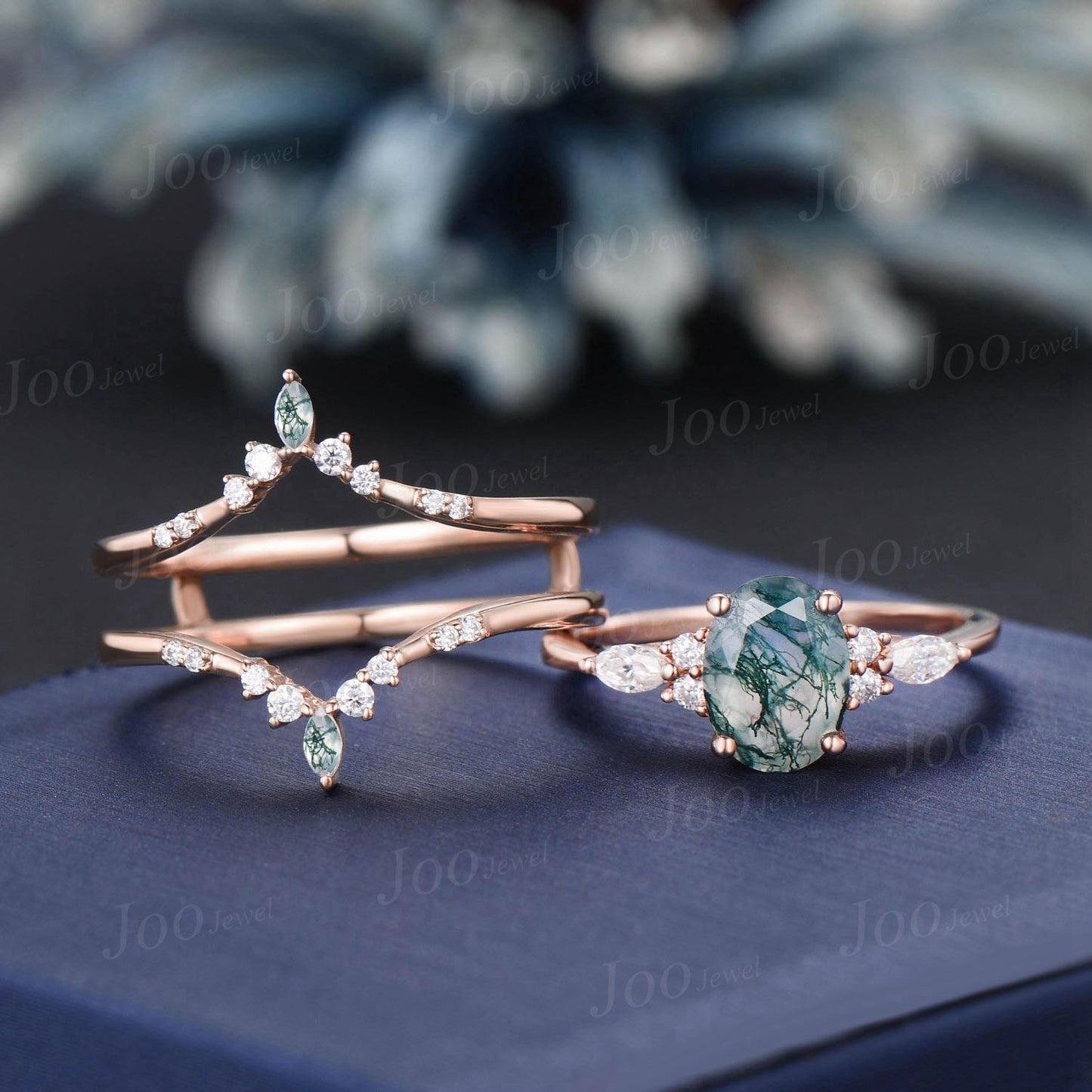 1.5ct Oval Cut Natural Green Moss Agate Engagement Rings 14K Rose Gold Double Curved Moissanite Moss Agate Enhancer Wedding Band for Women