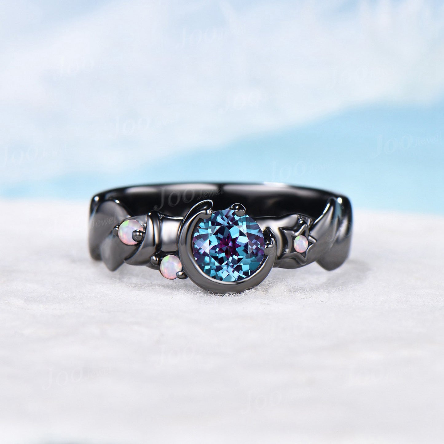 Black Gold Engagement Ring for Men 5mm Round Cut Color-Change Alexandrite Amethyst Ring Celestial Moon Star Ring Unique Mens Promise Rings