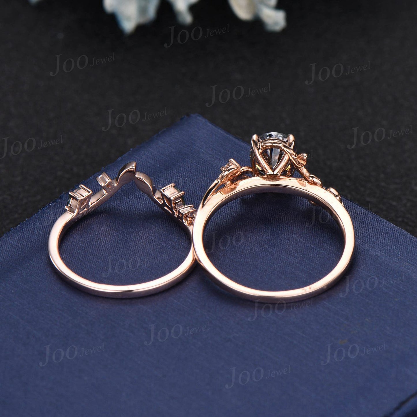 Vintage 1.5ct Oval Gray Moissanite Engagement Ring Leaf 14k Rose Gold Ring Branch Twig Nature Inspired Moss Agate Diamond Wedding Ring Women