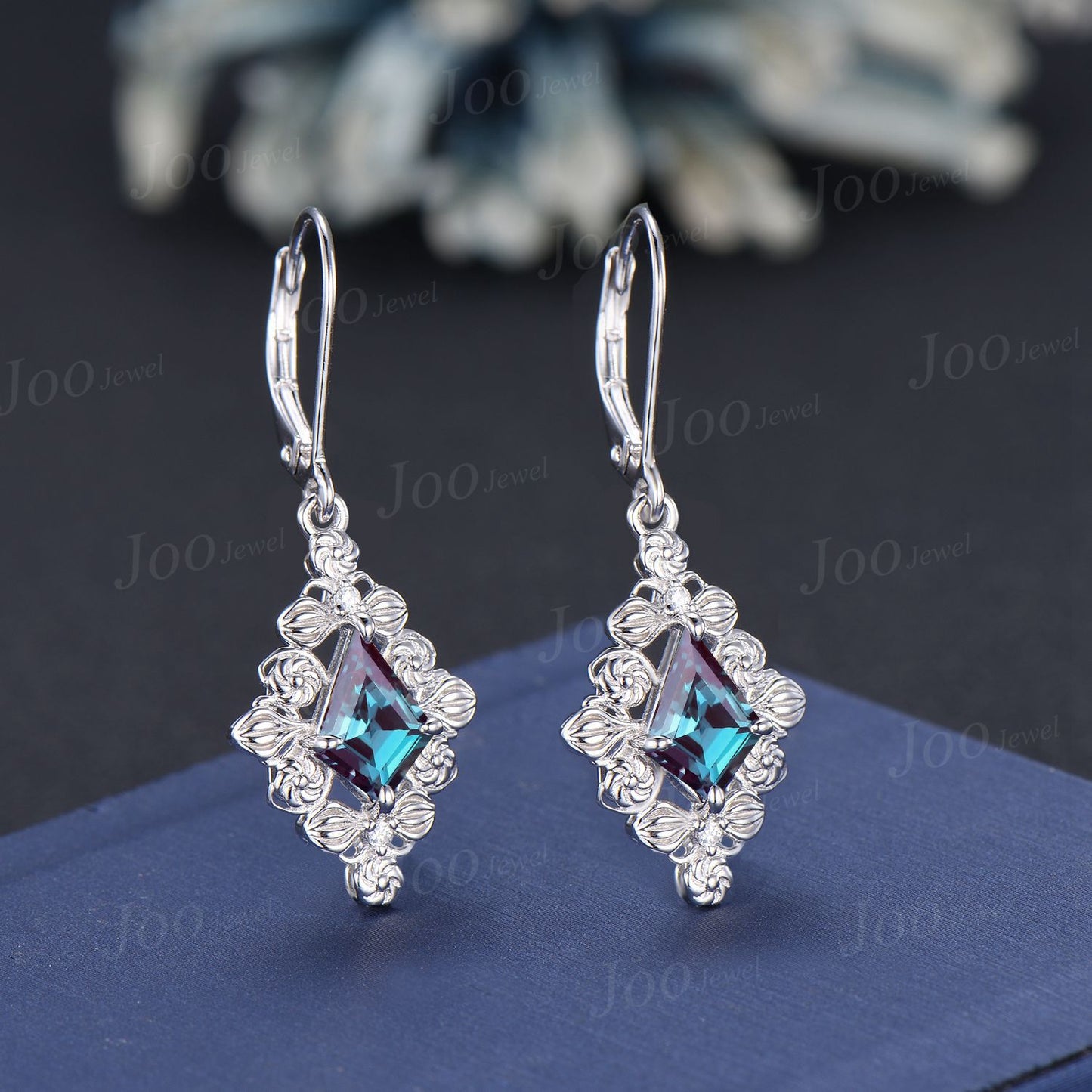 Nature Inspired Floral Color-Change Alexandrite Drop Earrings 14K Rose Gold Kite Alexandrite Dangle Earrings Vintage Filigree Leaf Earrings