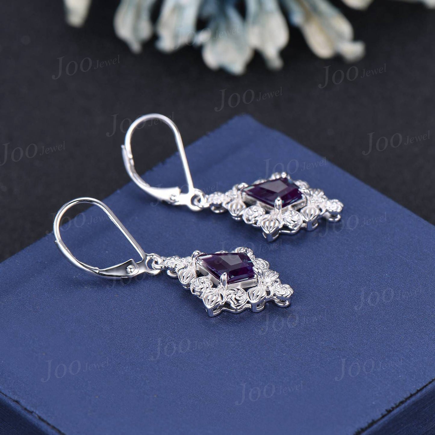 Nature Inspired Floral Color-Change Alexandrite Drop Earrings 14K Rose Gold Kite Alexandrite Dangle Earrings Vintage Filigree Leaf Earrings