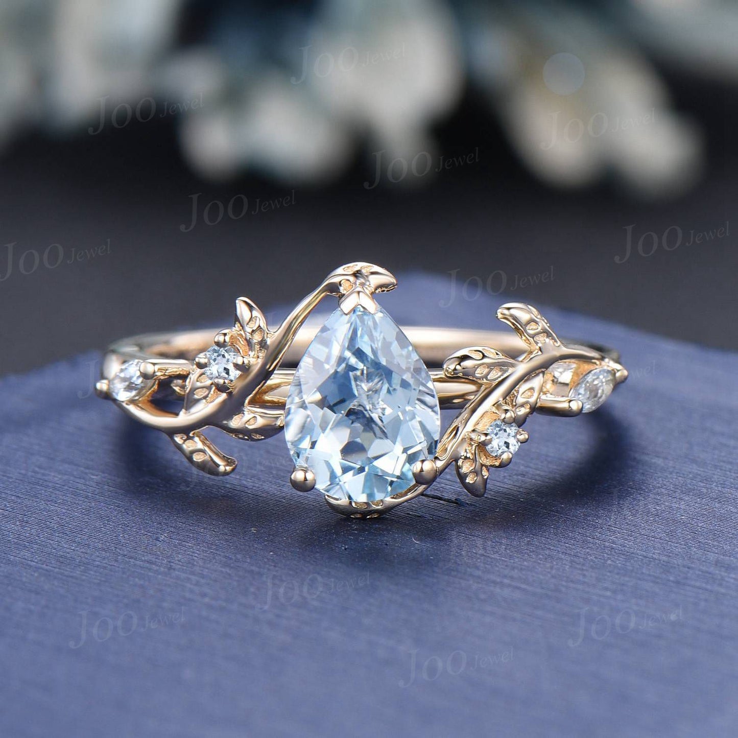Pear Shaped Natural Aquamarine Engagement Ring Set Rose Gold Leaf Branch Nature Inspired Aquamarine Wedding Ring Set for Women Jewelry Gifts