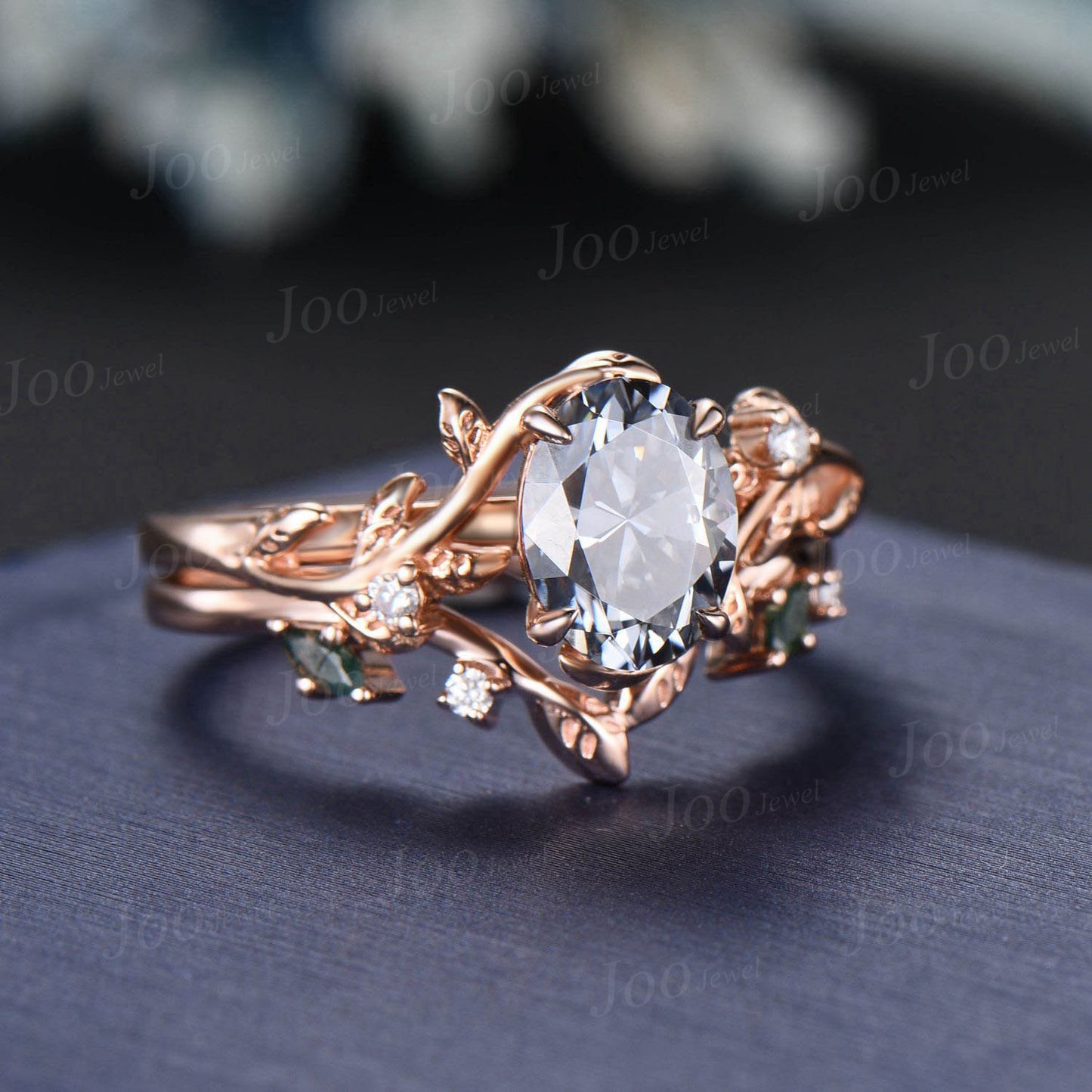 Vintage 1.5ct Oval Gray Moissanite Engagement Ring Leaf 14k Rose Gold Ring Branch Twig Nature Inspired Moss Agate Diamond Wedding Ring Women