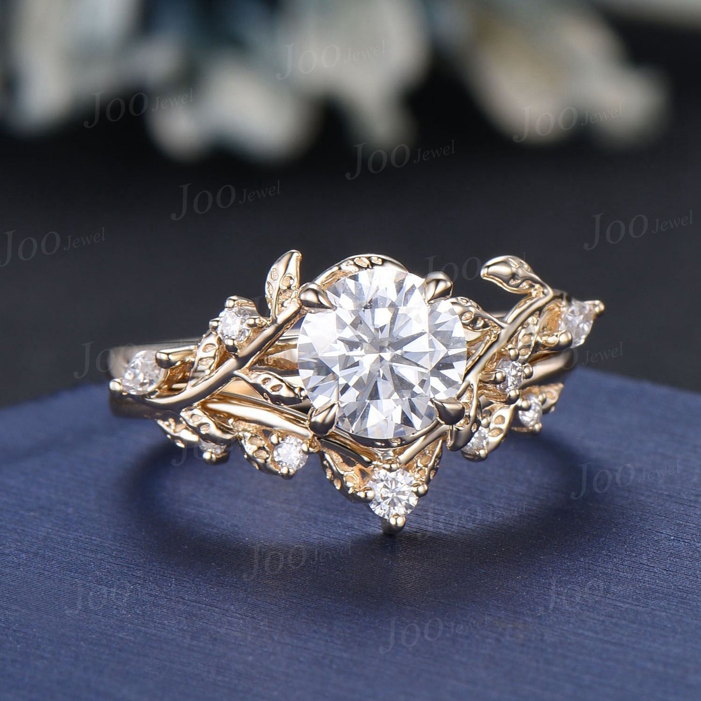 1ct Round Cut Moissanite Engagement Ring 14K Rose Gold Nature Inspired Diamond Engagement Ring Leaf Wedding Bridal Set Unique Proposal Gifts