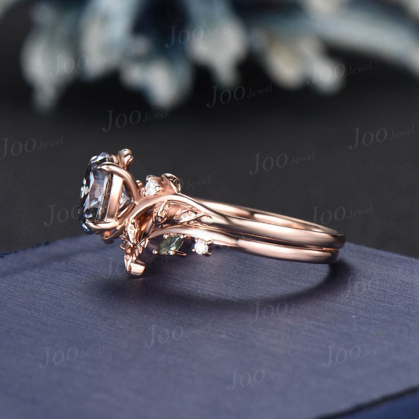 Vintage 1.5ct Oval Gray Moissanite Engagement Ring Leaf 14k Rose Gold Ring Branch Twig Nature Inspired Moss Agate Diamond Wedding Ring Women