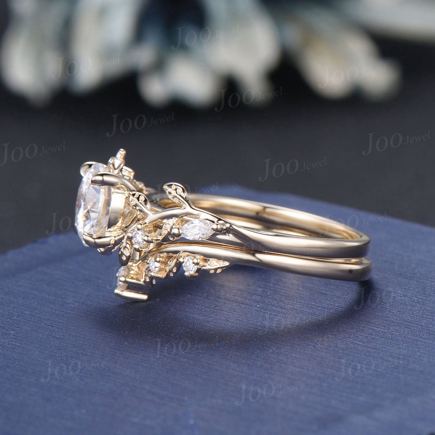 1ct Round Cut Moissanite Engagement Ring 14K Rose Gold Nature Inspired Diamond Engagement Ring Leaf Wedding Bridal Set Unique Proposal Gifts