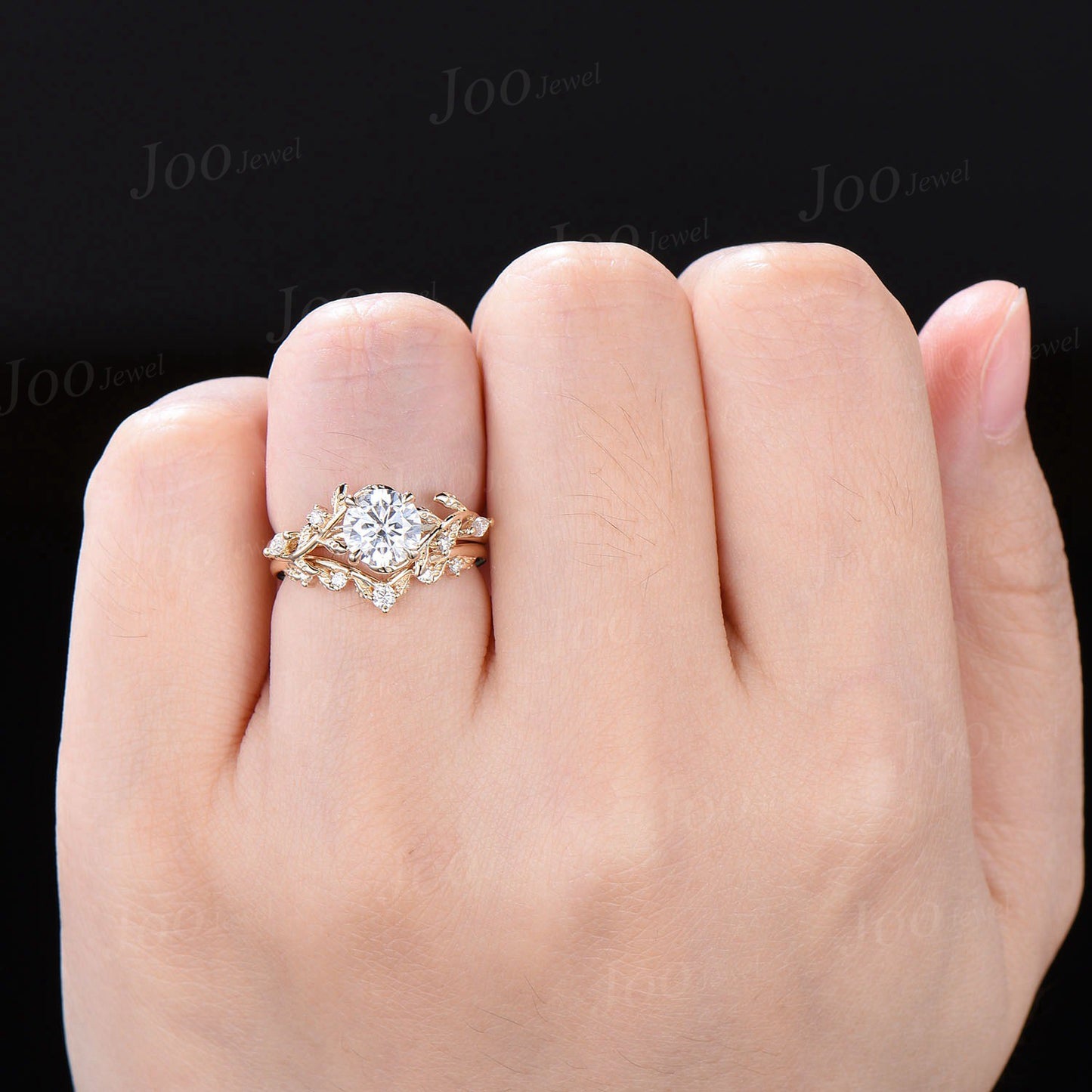 1ct Round Cut Moissanite Engagement Ring 14K Rose Gold Nature Inspired Diamond Engagement Ring Leaf Wedding Bridal Set Unique Proposal Gifts