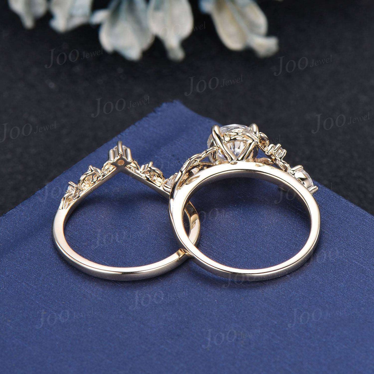 1ct Round Cut Moissanite Engagement Ring 14K Rose Gold Nature Inspired Diamond Engagement Ring Leaf Wedding Bridal Set Unique Proposal Gifts