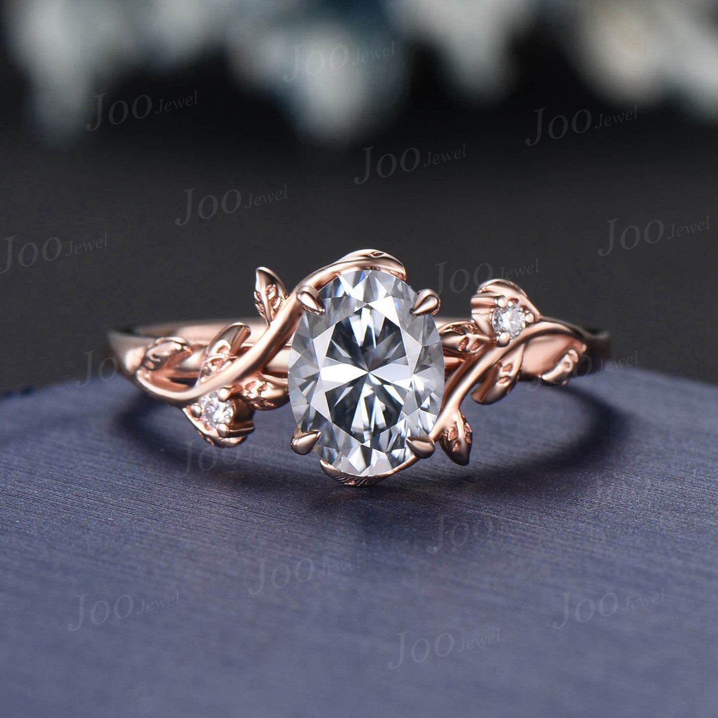 Vintage 1.5ct Oval Gray Moissanite Engagement Ring Leaf 14k Rose Gold Ring Branch Twig Nature Inspired Moss Agate Diamond Wedding Ring Women