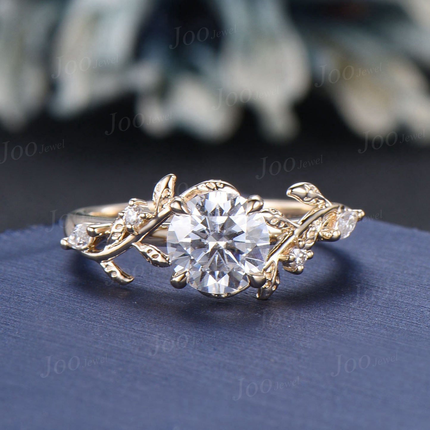 1ct Round Cut Moissanite Engagement Ring 14K Rose Gold Nature Inspired Diamond Engagement Ring Leaf Wedding Bridal Set Unique Proposal Gifts