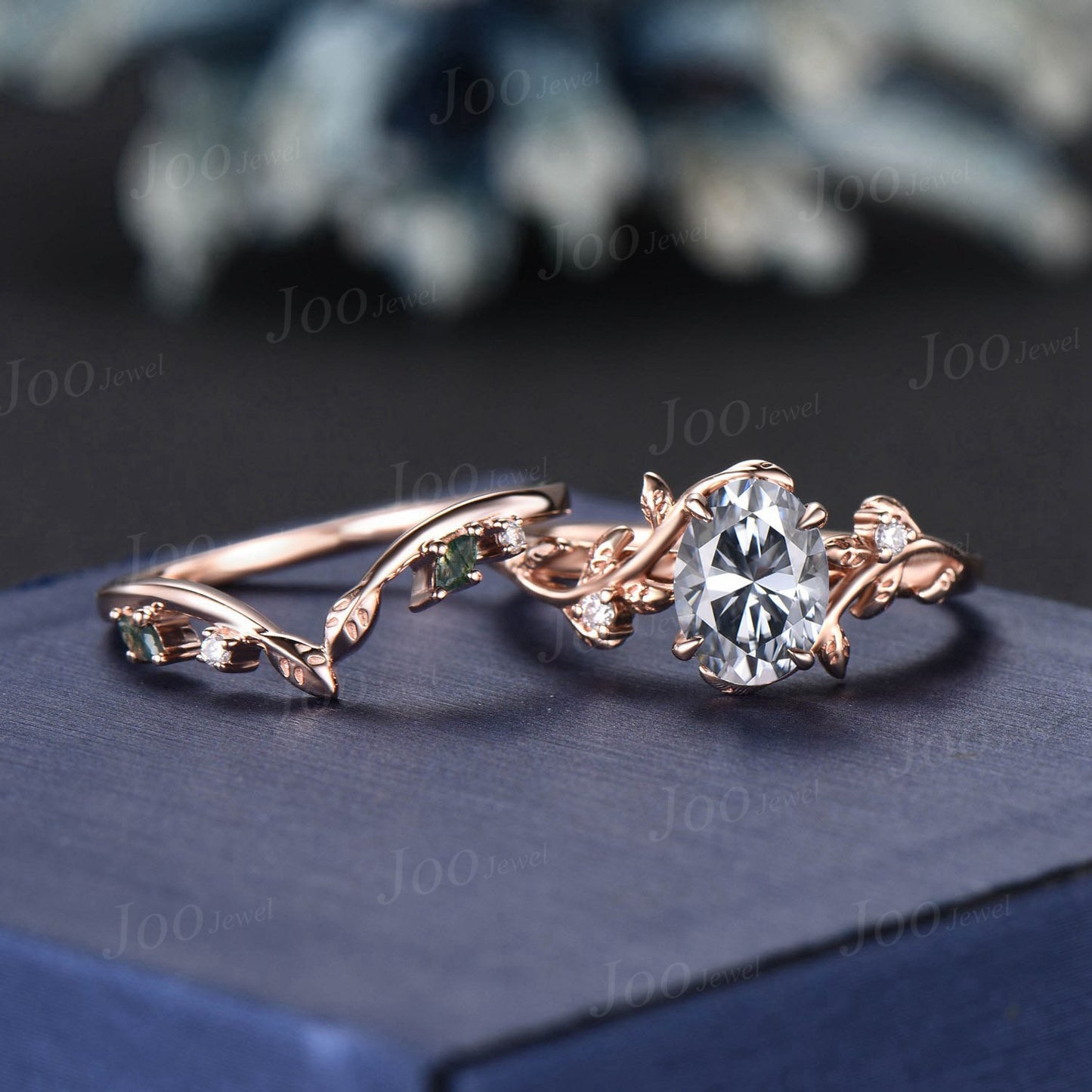 Vintage 1.5ct Oval Gray Moissanite Engagement Ring Leaf 14k Rose Gold Ring Branch Twig Nature Inspired Moss Agate Diamond Wedding Ring Women