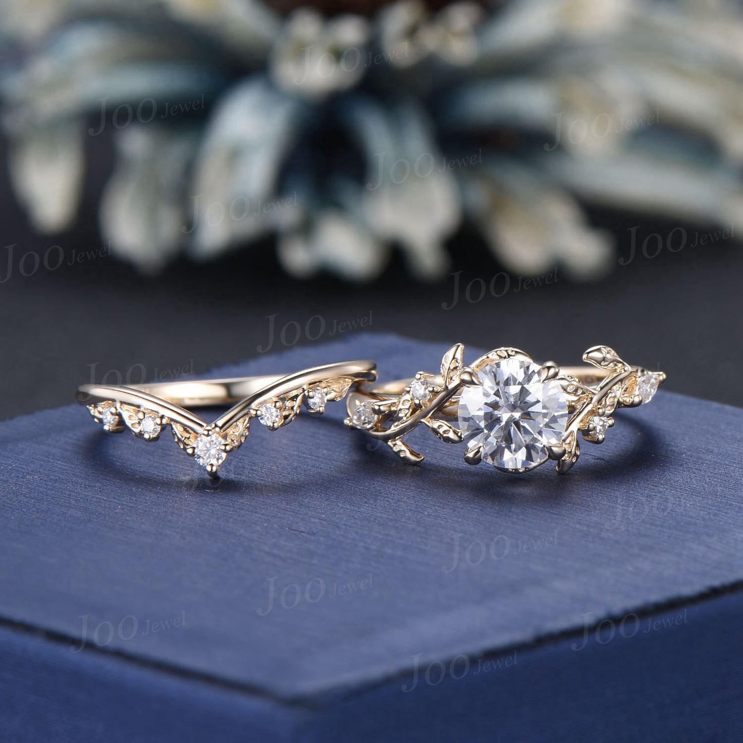1ct Round Cut Moissanite Engagement Ring 14K Rose Gold Nature Inspired Diamond Engagement Ring Leaf Wedding Bridal Set Unique Proposal Gifts