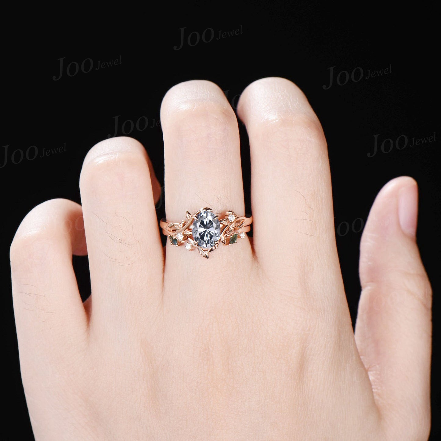 Vintage 1.5ct Oval Gray Moissanite Engagement Ring Leaf 14k Rose Gold Ring Branch Twig Nature Inspired Moss Agate Diamond Wedding Ring Women