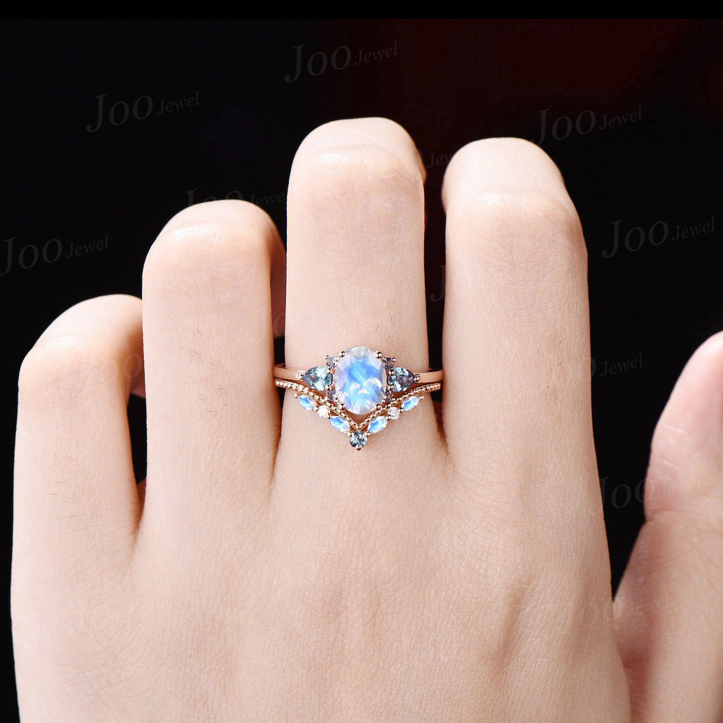 Oval Cut Natural Moonstone Alexandrite Engagement Ring Set 14K Rose Gold June Birthstone Wedding Ring Unique Vintage Style Gemstone Jewelry