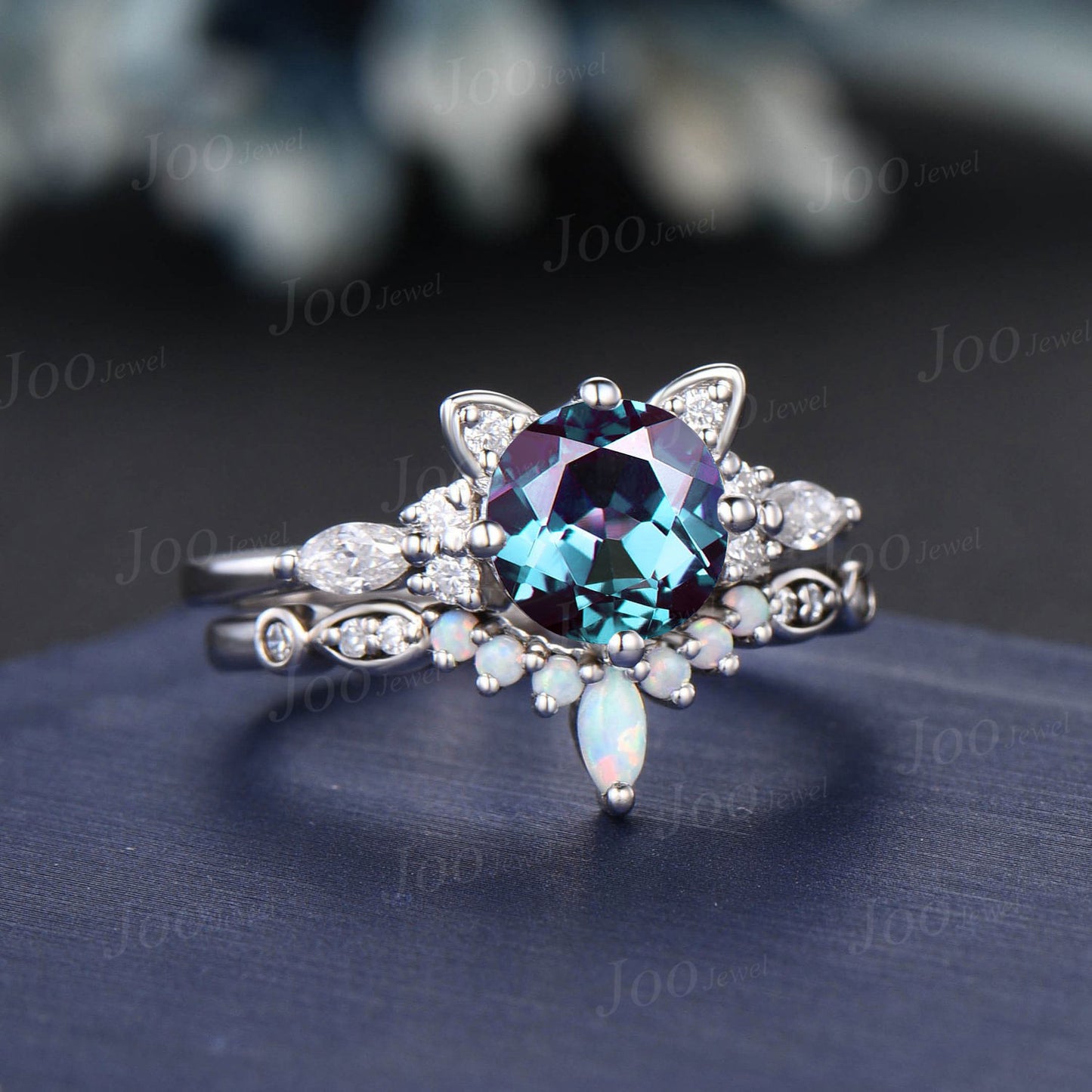 Cat Themed Engagement Ring Round Color-Change Alexandrite Opal Bridal Set Unique White Gold Kitten Ring Unique Gifts For Cat Lover/Daughter