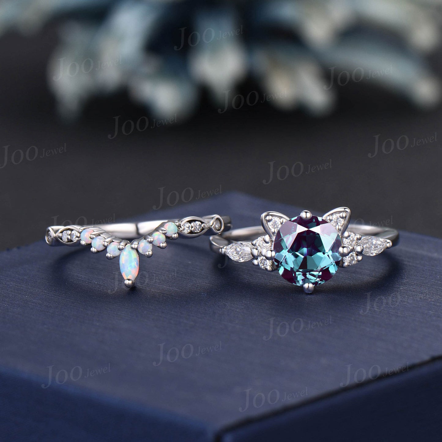 Cat Themed Engagement Ring Round Color-Change Alexandrite Opal Bridal Set Unique White Gold Kitten Ring Unique Gifts For Cat Lover/Daughter