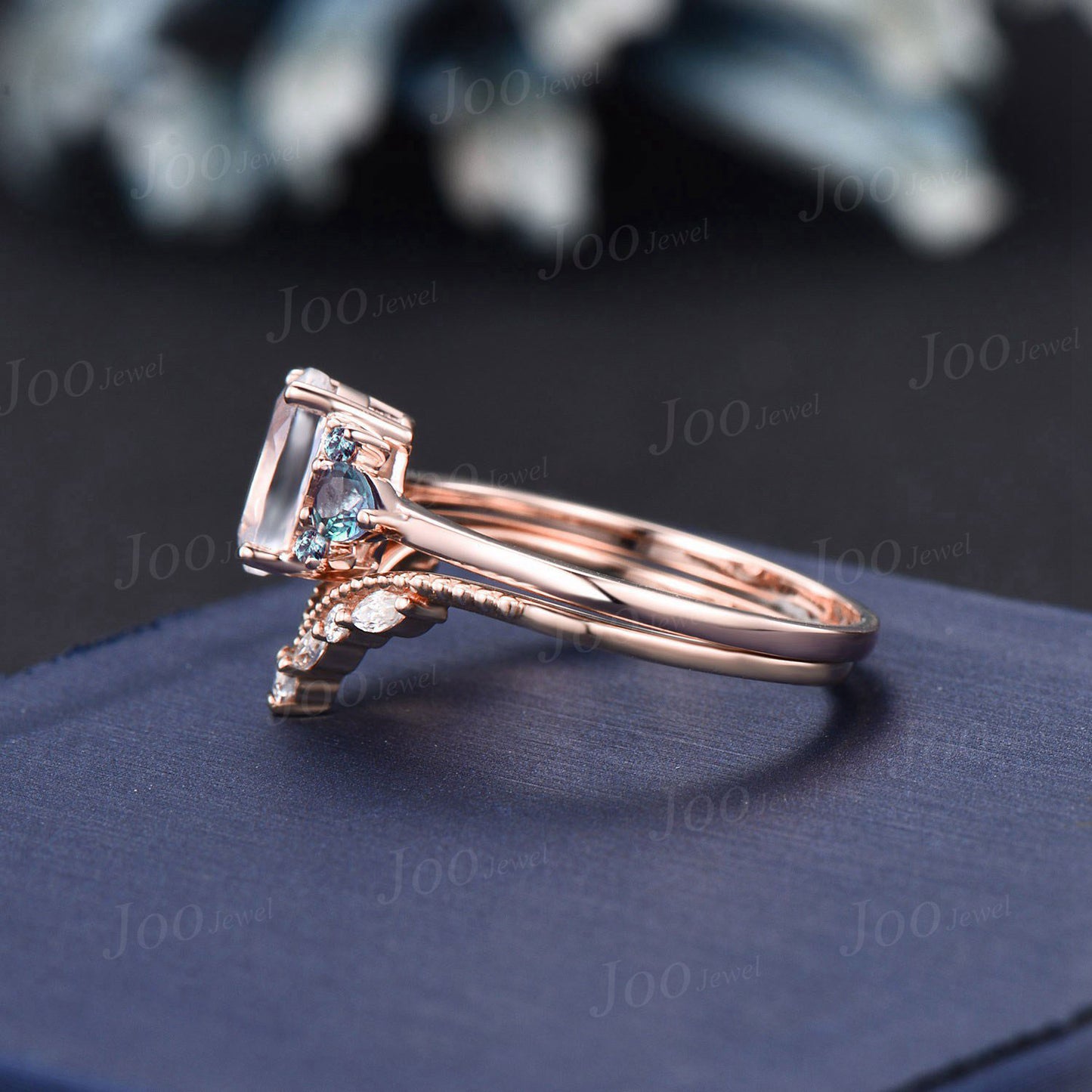 Oval Cut Natural Moonstone Alexandrite Engagement Ring Set 14K Rose Gold June Birthstone Wedding Ring Unique Vintage Style Gemstone Jewelry