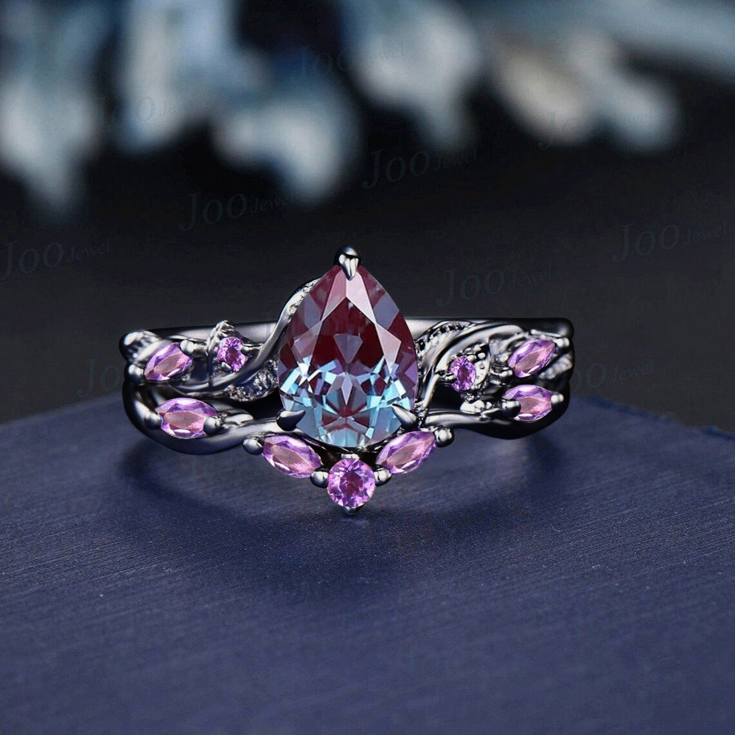 Black Ring Set Nature Inspired Color-Change Alexandrite Amethyst Bridal Set Twig Vine Pear Alexandrite Engagement Ring June Birthstone Gifts