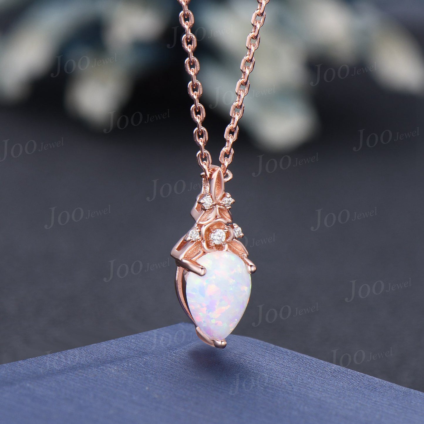 Teardrop Cut White Fire Opal Necklace Solid 14k/18k Rose Gold Branch Floral Pendant for Women Dainty Anniversary Bridal Gift Mother Jewelry